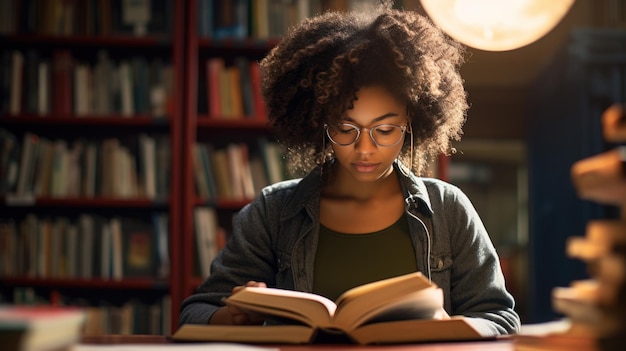 Studentin sitzt vor Bücherregalen in der Universitätsbibliothek und liest ein Buch