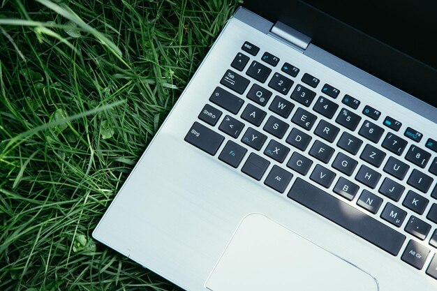 Studieren im Freien im Park Laptop im grünen Gras liegen