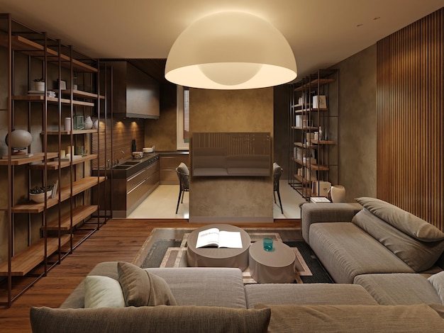 Studio-Apartment mit Wohnzimmer und Küchenbereich in den Farben Braun und Beige