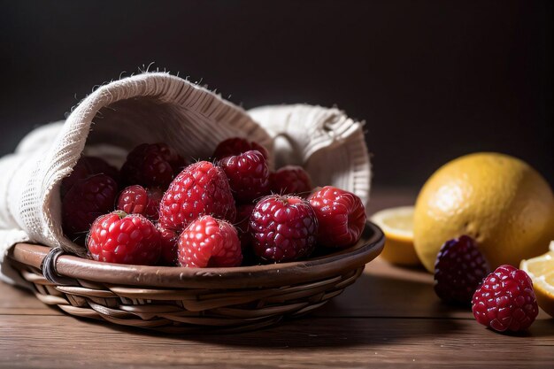 Studio-Aufnahme des Korbes mit Beeren und Früchten auf dem Tisch