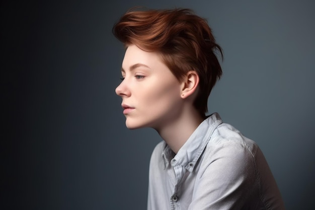 Studio-Aufnahme einer androgynen jungen Person in Gelegenheitskleidung, die wegblickt