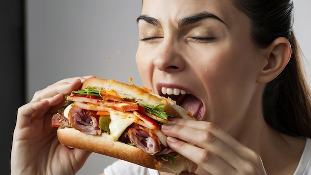 Studio-Aufnahme einer hungrigen Frau mit Sandwich