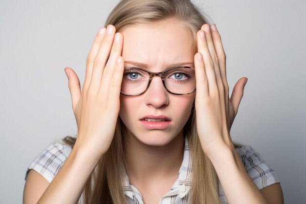 Studio-Aufnahme einer jungen Frau mit Brille und Hand vor dem Gesicht