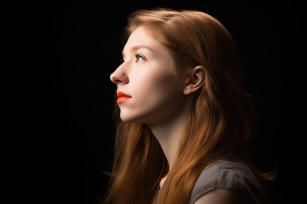 Studio-Aufnahme einer schönen jungen Frau, die in die Ferne schaut, erstellt mit generativer KI