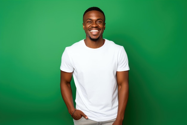 Studio-Aufnahme eines lächelnden afroamerikanischen Mannes mit weißem T-Shirt auf grünem Hintergrund