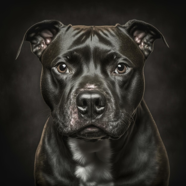 Studio-Aufnahme mit süßem Staffordshire Bull Terrier Hund Porträt mit der Neugier und unschuldigen Aussehen als Konzept des modernen glücklichen Haustieres in entzückenden hyper-realistischen Details von Generative AI