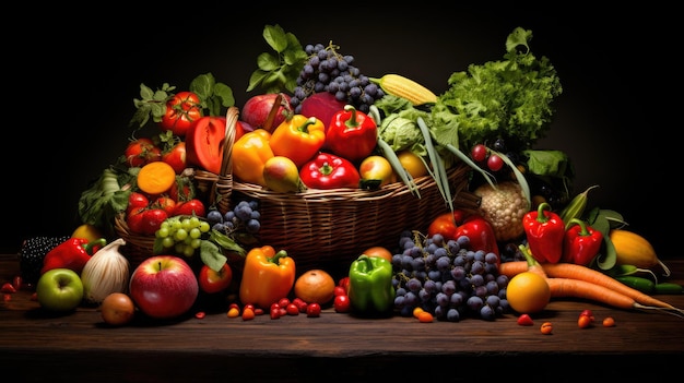 Studio-Aufnahme verschiedener Obst- und Gemüsearten, die auf schwarzem Hintergrund isoliert sind