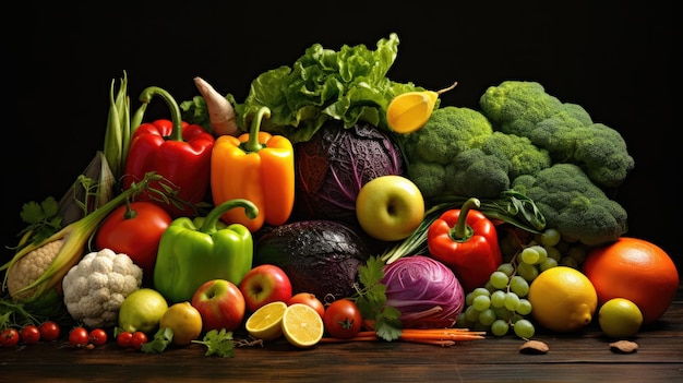 Studio-Aufnahme verschiedener Obst- und Gemüsearten, die auf schwarzem Hintergrund isoliert sind