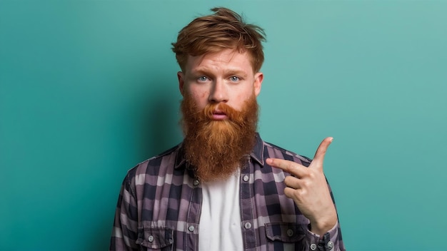 Studio-Aufnahme von Ginger Hipster mit dickem Bart trendy Haarschnitt hat ernsthafte Ausdruckspunkte mit