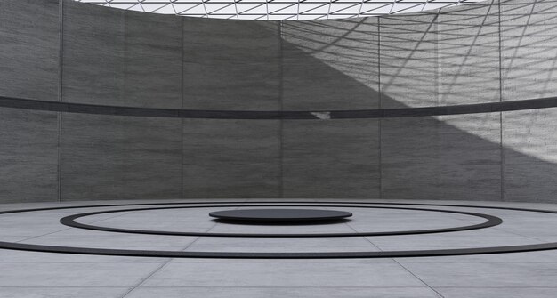 Studio-Beton-Showroom-Tunnel, gebogene Bühne, modernes, leeres Kreis-Podium, realistisch mit natürlichem Licht