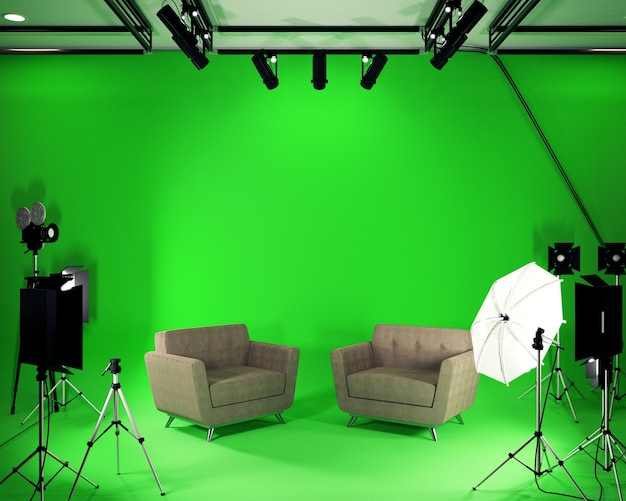 Studio BIg - Estudio de cine moderno con pantalla verde. Representación 3D