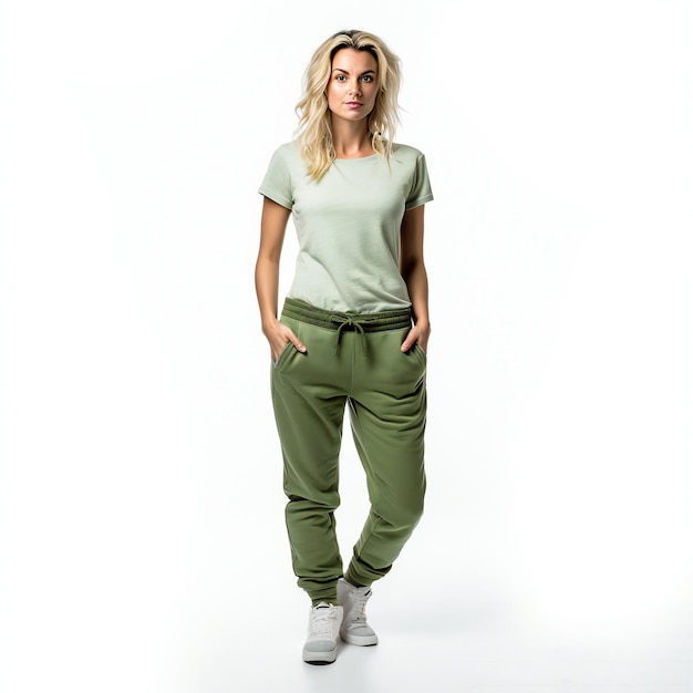 Studio Elegance Ganzkörperpose einer Frau in grüner Jogginghose und T-Shirt