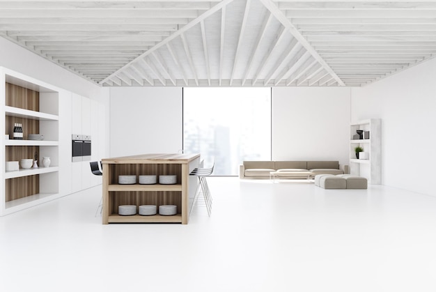 Studio-Küche und Wohnzimmer mit einer Bar, einer Reihe Hocker daneben, einem Schrank in der Wand und einem grauen Sofa in der Ecke neben einem quadratischen Fenster. 3D-Rendering, Modell