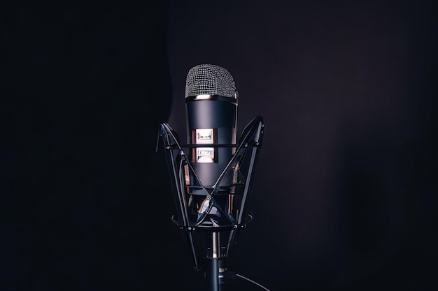 Studio-Mikrofon und Pop-Schild auf dem Mikrofon im leeren Aufnahmestudio mit Kopierraum Aufführung und Show in der Musikgeschäftsausrüstung