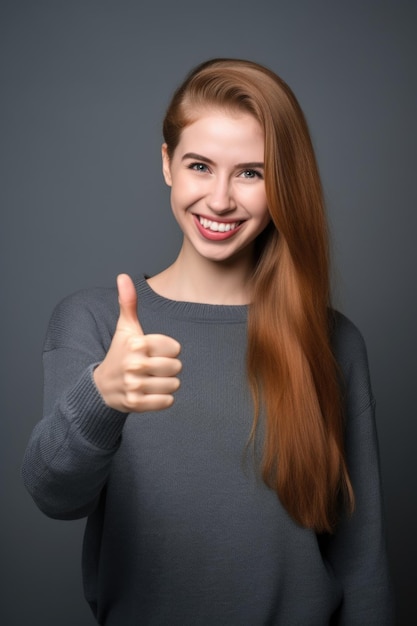 Studio-Porträt einer attraktiven jungen Frau, die die Daumen gegen einen grauen Hintergrund hochhebt