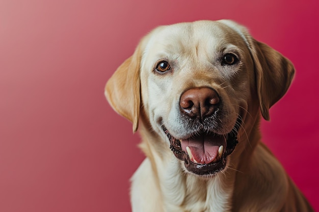 Studio-Porträt eines goldenen Labrador Retrievers, der gegen einen rosa Hintergrund mit Kopierraum sitzt