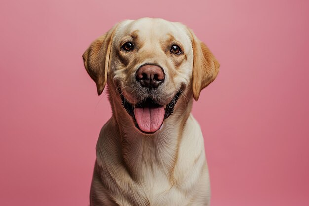 Studio-Porträt eines goldenen Labrador Retrievers, der gegen einen rosa Hintergrund mit Kopierraum sitzt