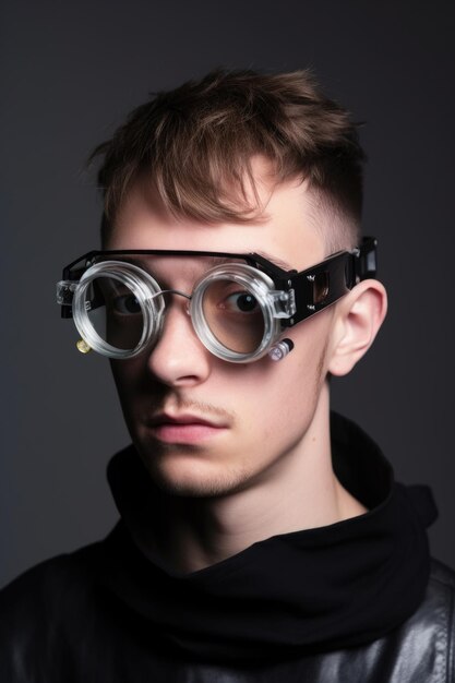 Studio-Porträt eines hübschen jungen Mannes mit einer futuristischen Brille, die mit generativer KI erstellt wurde