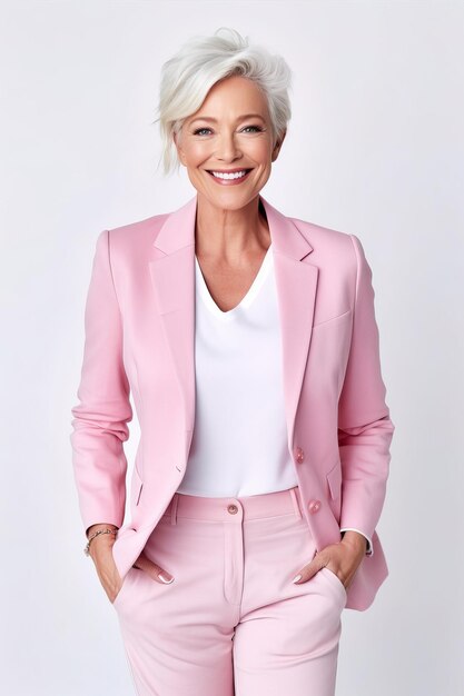 Studio-Porträt mit weißem Hintergrund einer blonden Geschäftsfrau, die mit einem freudigen Gesichtsausdruck in rosa und weiße Kleidung in die Kamera schaut