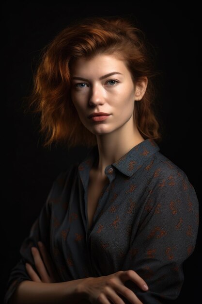 Studioaufnahme einer attraktiven jungen Frau, die vor einem grauen Hintergrund posiert, erstellt mit generativer KI
