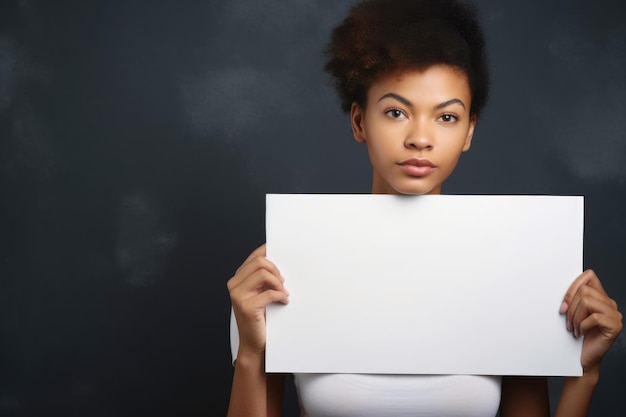 Studioaufnahme einer jungen Frau, die ein leeres Schild vor grauem Hintergrund hält