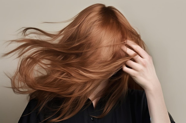 Studioaufnahme einer nicht wiederzuerkennenden Frau, die mit Haaren posiert, die ihr halbes Gesicht bedecken