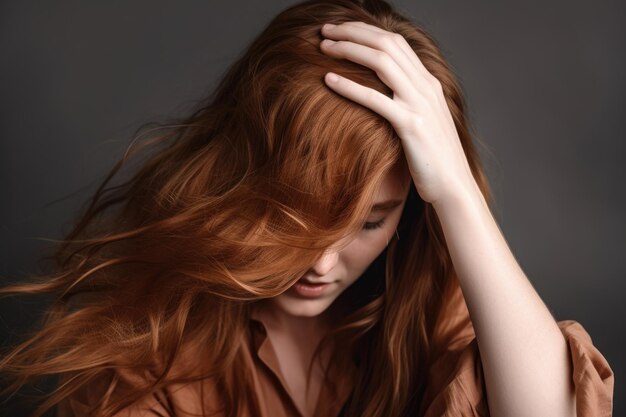 Studioaufnahme einer schönen jungen Frau, die mit Haaren posiert, die ihr Gesicht bedecken