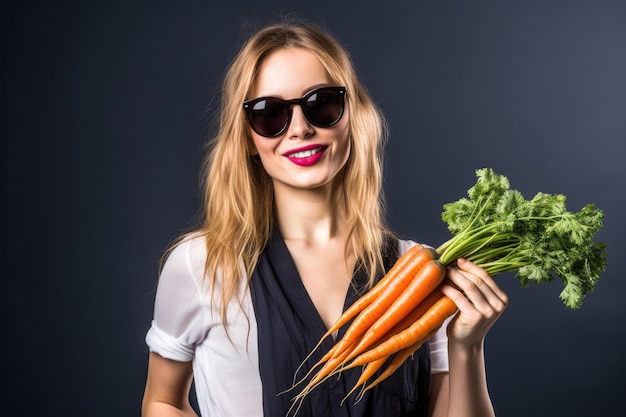 Studioaufnahme einer stilvollen jungen Frau mit Sonnenbrille und einem Bündel Karotten, die mit generativer KI erstellt wurden