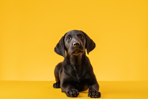 Studioaufnahme eines süßen schwarzen Labradorwelpen auf gelbem Hintergrund.