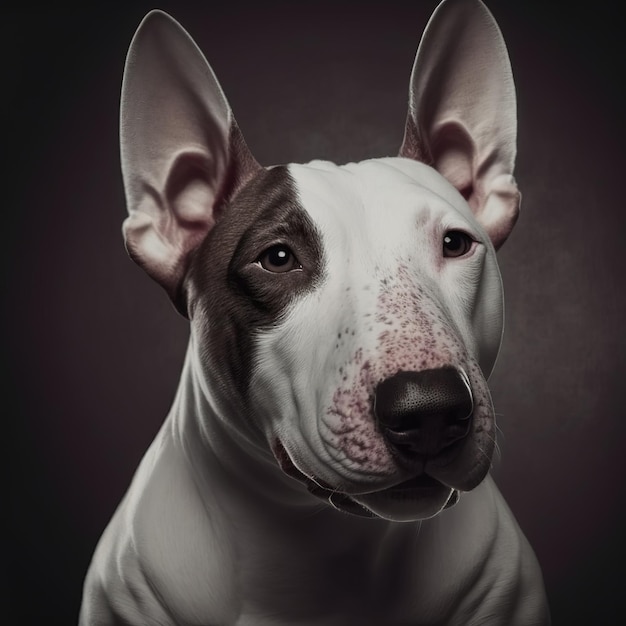 Foto studioaufnahme mit einem niedlichen bullterrier-hundeporträt mit der neugier und dem unschuldigen blick als konzept eines modernen, glücklichen haustiers in hinreißenden, hyperrealistischen details von generative ai