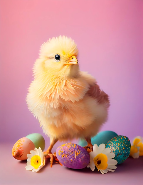 Studiofoto von gelben kleinen Hühnern, um die herum bunte, leuchtende Ostereier liegen