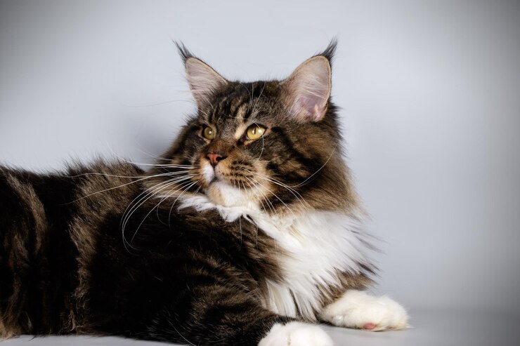 Studiofotografie einer Maine Coon Katze auf farbigem Hintergrund