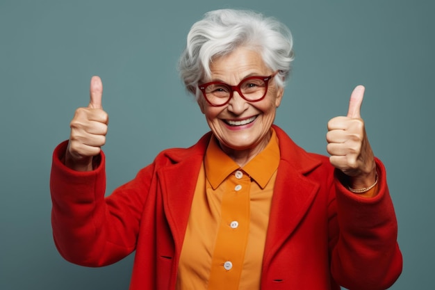 Studioporträt einer glücklichen älteren Frau mit Daumen nach oben, positiver Handgeste, generative KI