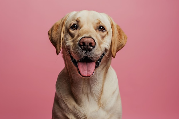 Studioporträt eines goldenen Labrador Retrievers, der vor einem rosa Hintergrund mit Kopierraum sitzt