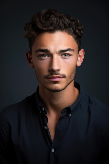 Studioporträt eines gutaussehenden jungen Mannes, der vor einem grauen Hintergrund posiert, erstellt mit generativer KI
