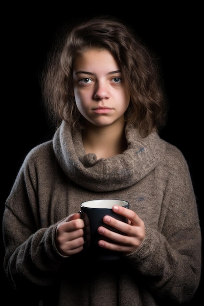 Studioporträt eines jungen Teenagers mit ihrer leeren Kaffeetasse, erstellt mit generativer KI