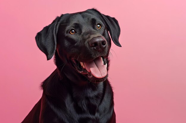 Studioporträt eines lächelnden Labrador Retrievers, der vor einem rosa Hintergrund mit Kopierraum sitzt