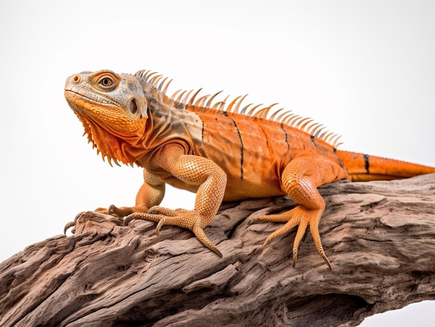 Studioporträt eines orangefarbenen Leguans auf einem Ast isoliert auf weißem Hintergrund ai generativ