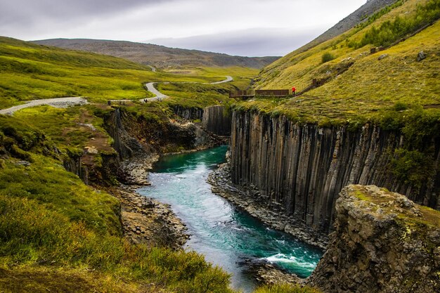 Studlafoss y Studlagil Basalt Rock Columns Canyon Dramático paisaje río en Jokuldalur, Islandia