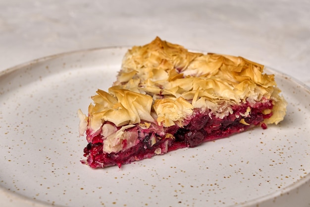 Stück hausgemachter Kirschkuchen aus Filo-Teig auf weißer Platte, selektiver Fokus, Nahaufnahme