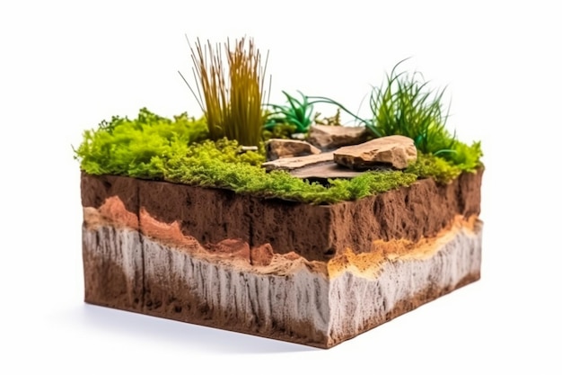 Stück Insel mit Bodenstein- und Grasschichten auf isoliertem weißem Hintergrund