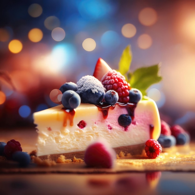 Stück Käsekuchen mit Beeren filmisches Licht Generative KI