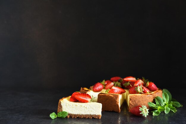 Stück Käsekuchen mit Erdbeeren und Minze auf dunklem Hintergrund. Käsekuchen New York. Werbung. Speisekarte.