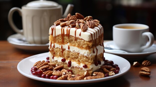 Stück Karottenkuchen mit Gabel auf einem Holztisch