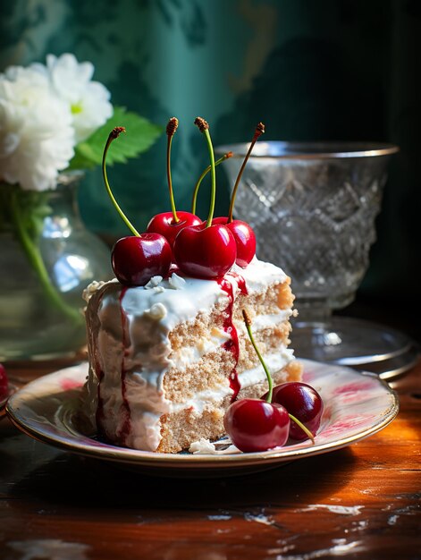 Stück Kirschkuchen auf dem Holztisch