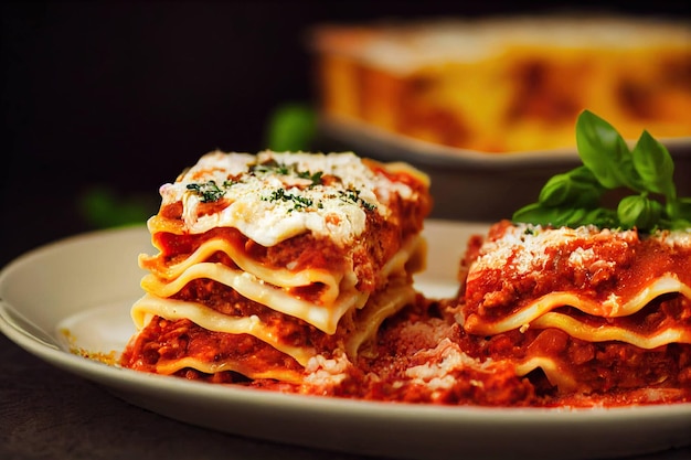 Stück Lasagne im Schnitt in Schichten mit Parmesan-Basilikum und Tomatensauce