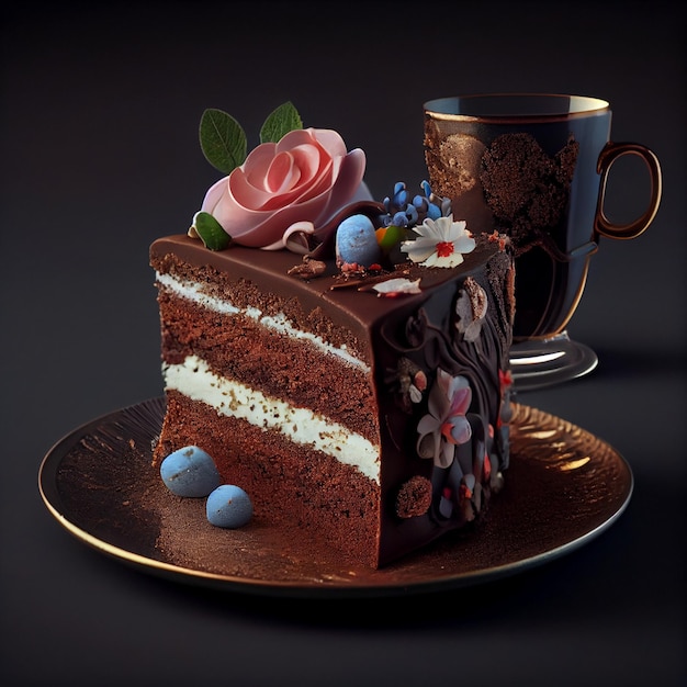Stück Schokoladenkuchen auf einem generativen Teller