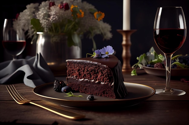 Stück Schokoladenkuchen auf einem Teller mit einem Glas winegenerative ai