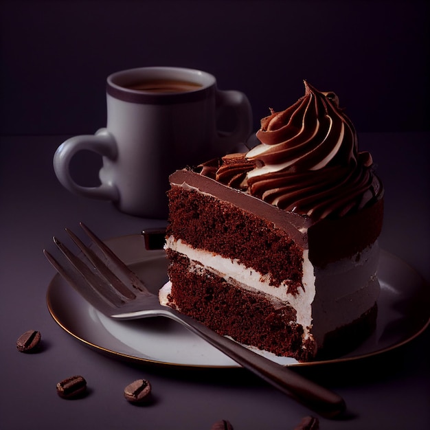 Stück Schokoladenkuchen auf einem Teller neben einer Tasse Kaffee