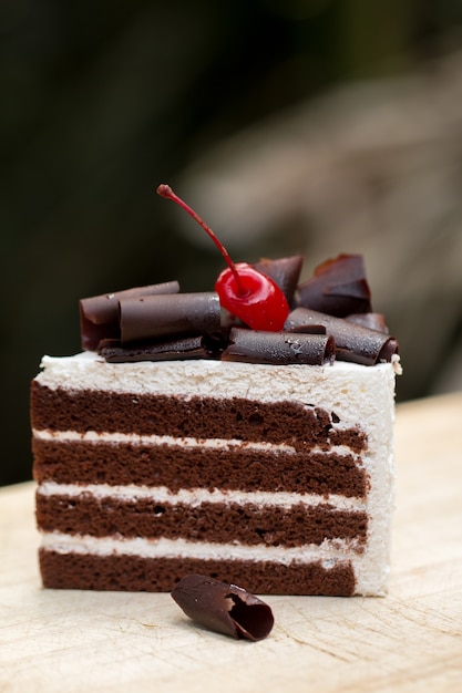 Stück Schokoladenkuchen mit dem Vanillebereifen und Kirschgelee, überstiegen mit weißem Käse